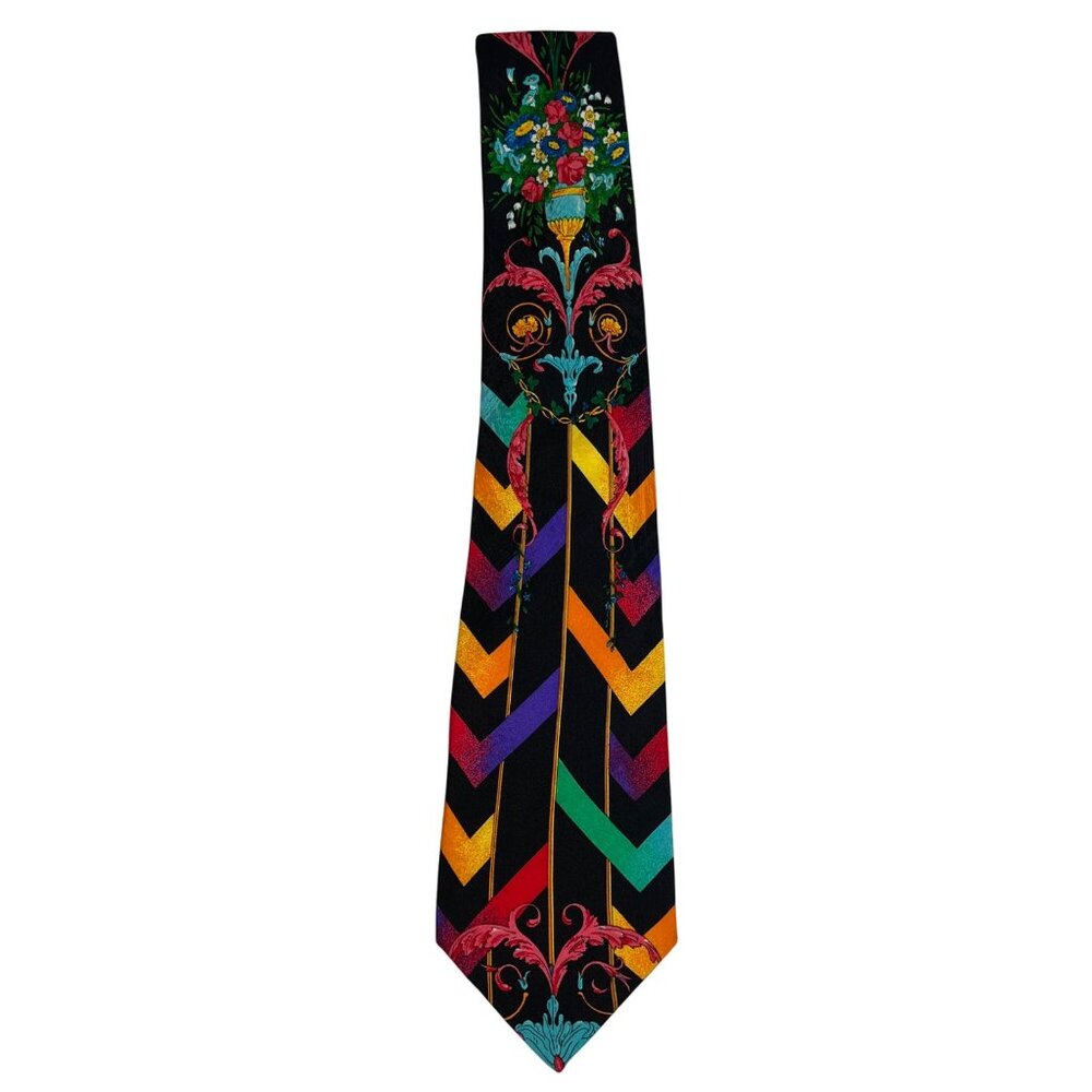 VTG 90s Rush Limbaugh No Boundaries 100% Silk Tie Floral & Chevron Multicolor